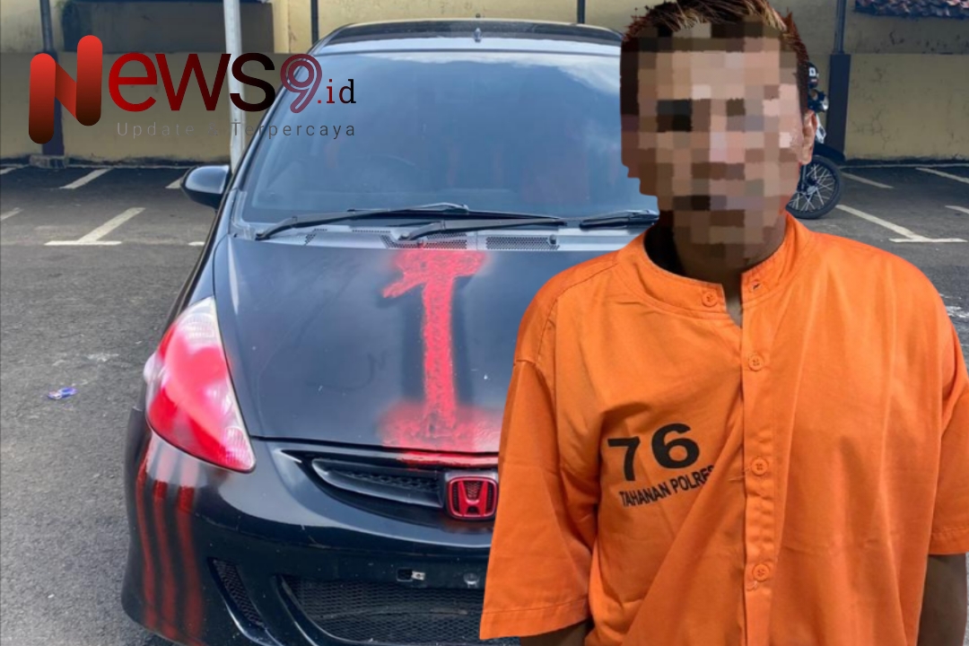 Foto: Pelaku berinisial MS (31), warga Desa Sokobanah Tengah, beserta barang bukti 1 unit mobil Honda Jazz, @by_News9.id
