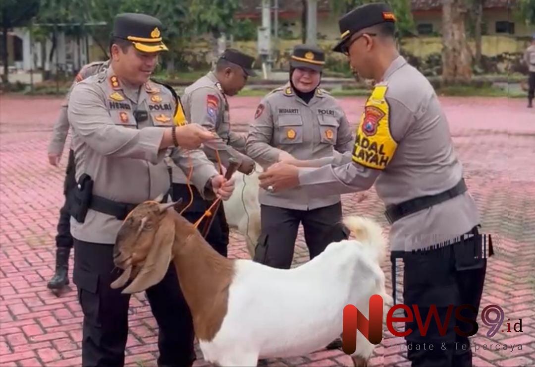 Foto: Kapolres Sumenep, AKBP Henri Noveri Santoso, memberikan sepasang kambing kepada setiap Polsek jajaran. @by_News9.id