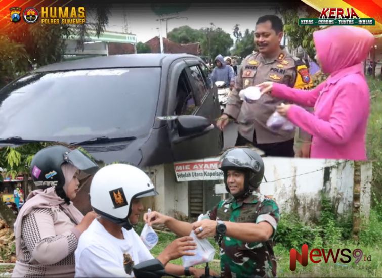 Foto: Kapolres AKBP Henri Noveri Santoso bersama Ketua Bhayangkari Cabang Sumenep Ny. Agnes Henri saat bagi-bagi takjil. @by_News9.id