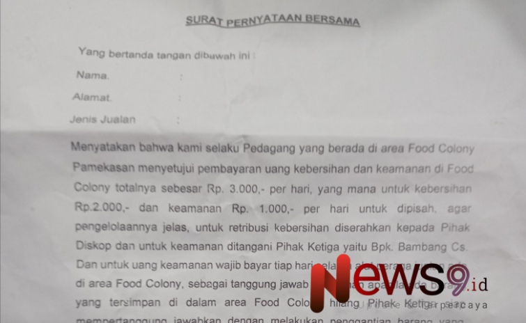 Foto: Surat pernyataan yang tidak jelas dari siapa dan mengharuskan membayar iuran kebersihan dan keamanan harian. @by_News9.id