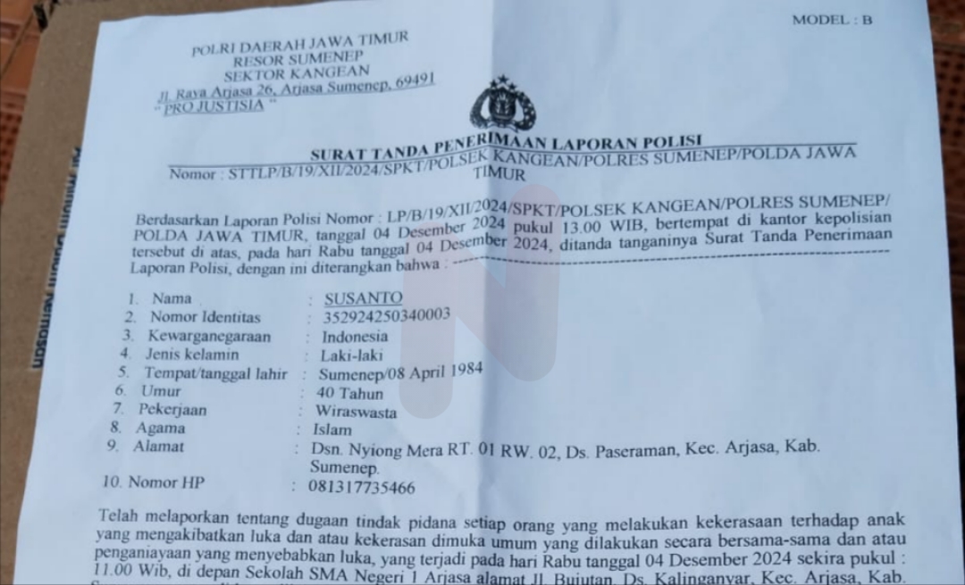 Foto: Bukti laporan Polisi Nomor: LP/B/19/XII/2024/SPKT/POLSEK KANGEAN/POLRES SUMENEP/POLDA JAWA TIMUR. @by_News9.id