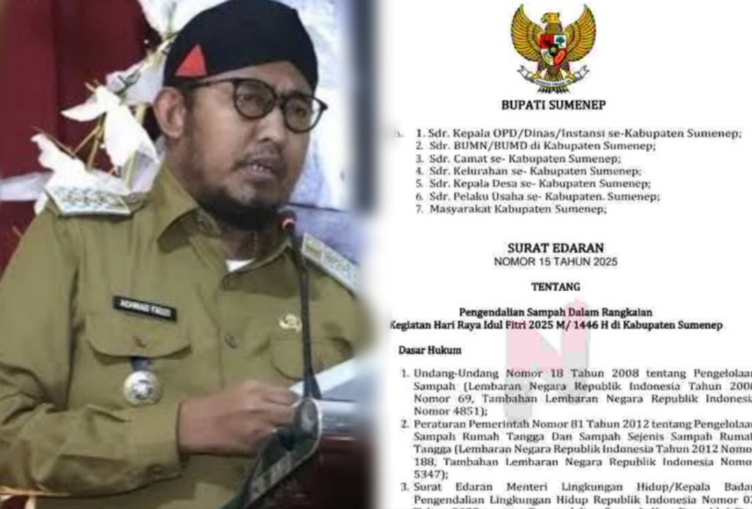 Foto: Bupati Sumenep, saat membacakan Surat Edaran (SE) Bupati Nomor 15 Tahun 2025 tentang pengendalian sampah selama perayaan Hari Raya Idul Fitri. @by_News9.id