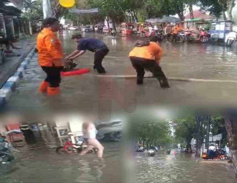 Foto: Genangan air di berbagai titik sekitar alun alun dan Tim Reaksi Cepat (TRC) dari Badan Penanggulangan Bencana Daerah (BPBD) Kabupaten Sampang. @by_News9.id