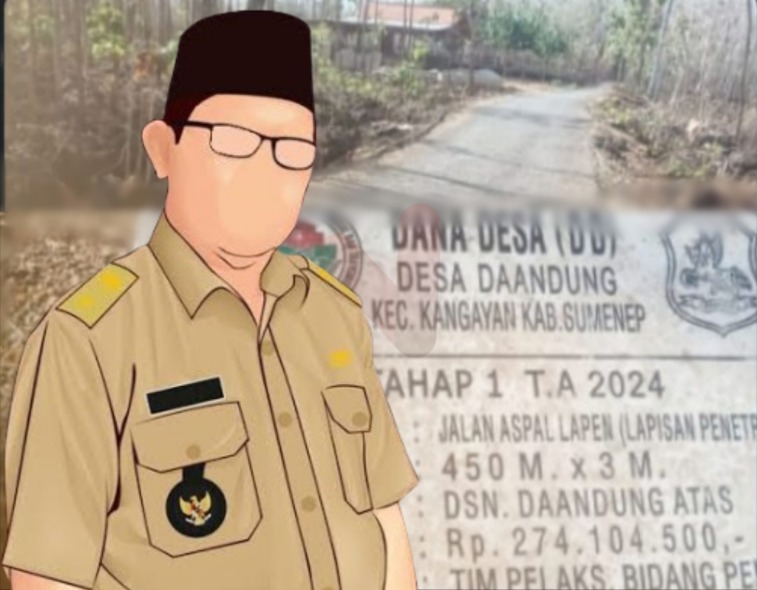 Foto: (Ilustrasi) Kepala Desa Daandung, Sairi, dan manipulasi prasasti pekerjaan jalan lapen, @by_News9.id
