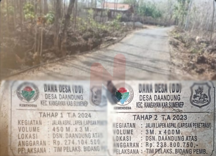 Foto: Proyek pengaspalan jalan di Dusun Daandung Atas, dengan dua prasasti yang mencantumkan tahun anggaran 2023 dan 2024, @by_News9.id