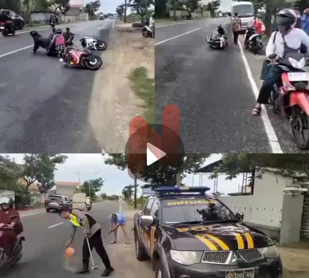 Foto: Pengendara motor mengalami insiden tergelincir secara beruntun di Jalan Raya Desa Banjar Talela, @by_News9.id