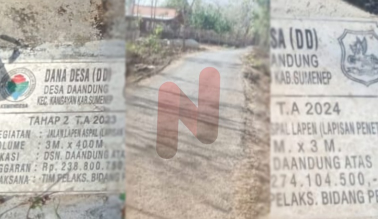 FOTO: Dua prasasti proyek pada titik lokasi yang sama namun dengan tahun anggaran yang berbeda, 2023 dan 2024. @by_News9.id