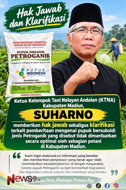 FOTO: Suharno, Ketua Kelompok Tani Nelayan Andalan (KTNA) Kabupaten Madiun, @by_News9.id