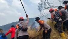 FOTO: Satu satuan setingkat kompi (SSK) gabungan dari Batalyon A Pelopor, Samapta Polda Jawa Timur, Polisi Kehutanan (Polhut), dan relawan saat padamkan api. @by_News9.id